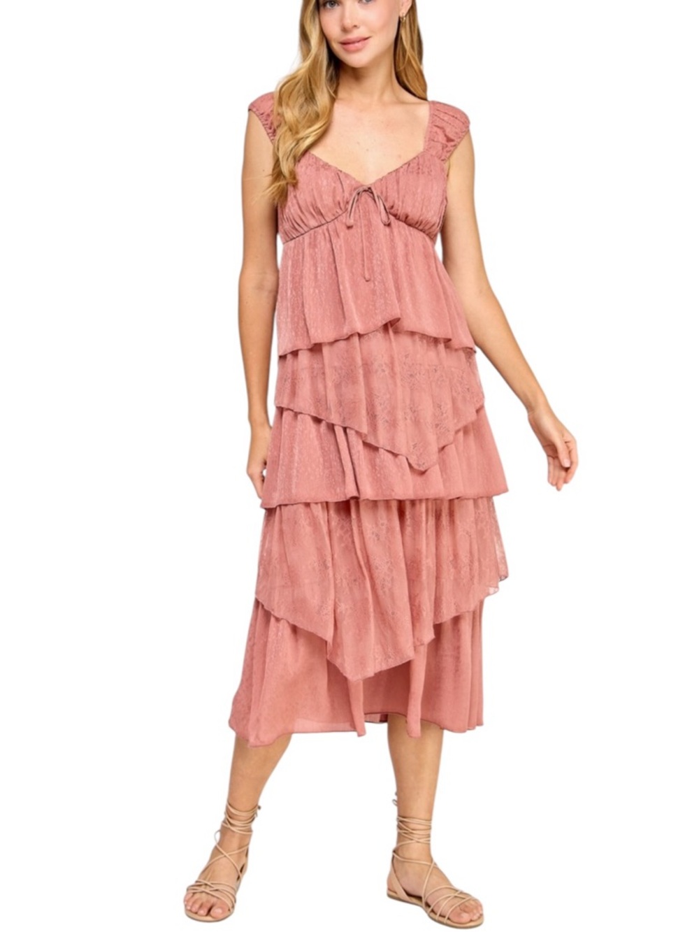 Seni & Cade Sweetheart Lace Tiered Midi Dress - Blush Pink NEW Juniors S